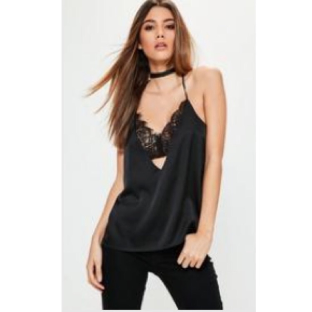 Black Sexy Satin Lace Insert Cami Top